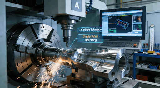 Close-up of a high-precision 5-axis CNC machine dynamically machining a complex aerospace titanium component, with on-screen data highlighting ±0.01mm tolerance and single-setup capability.
